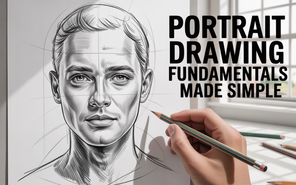 Top Udemy Course for Portrait Drawing – Tested & Reviewed 2 A highly detailed realistic pencil portrait drawing of a human face on white paper, soft shading, visible sketch lines, artist hand holding a pencil, clean art studio background, natural light, ultra realistic, 4k, minimal composition -- text: "Portrait Drawing Fundamentals Made Simple"