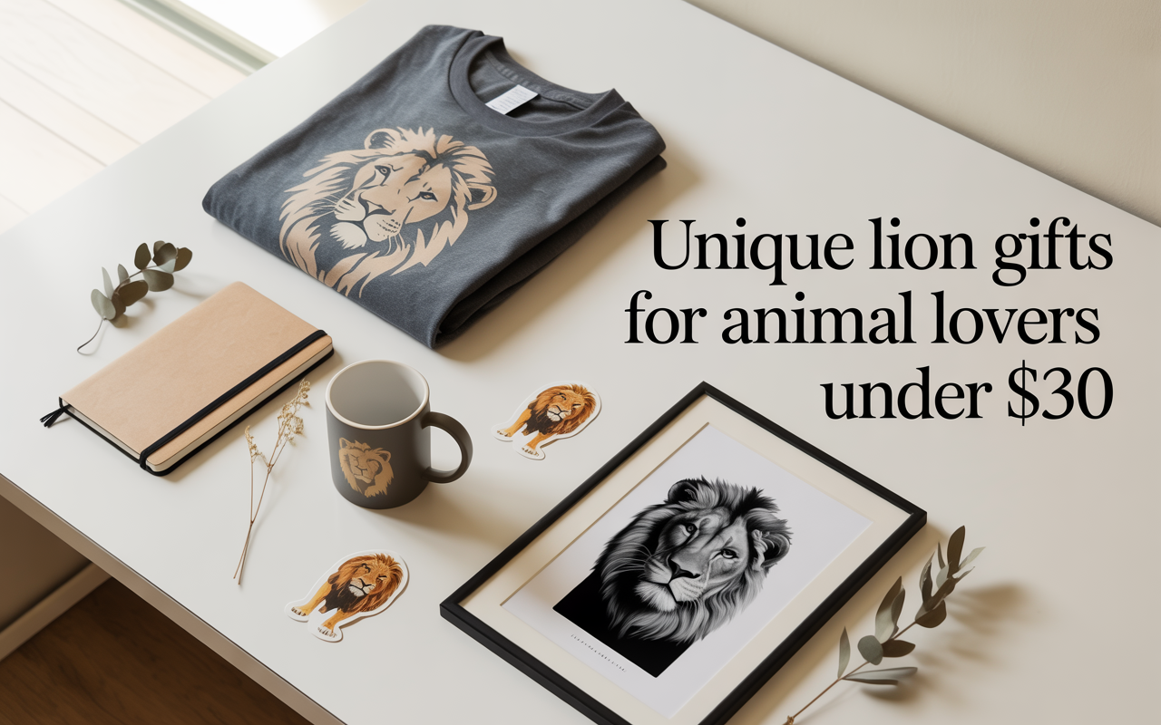 A modern and stylish flat lay composition of affordable lion-themed gifts under $30, including a lion graphic t-shirt, minimalist lion wall art print, mug, and sticker, arranged neatly on a clean desk with warm lighting, soft shadows, neutral background, aesthetic and creative lifestyle setup, high detail, realistic, perfect for blog header, add elegant text overlay: "Unique Lion Gifts for Animal Lovers Under $30"