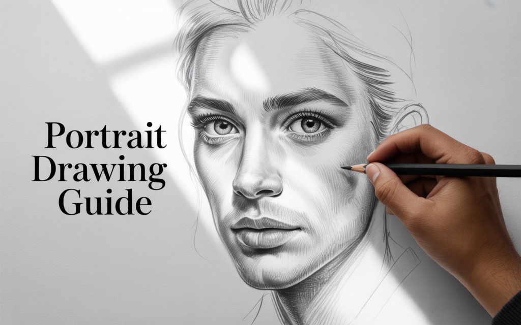 Top Udemy Course for Portrait Drawing – Tested & Reviewed 5 Realistic pencil portrait drawing of a human face, detailed eyes and smooth shading, artist hand sketching on white paper, soft natural light, minimal clean background, professional art style, ultra detailed, 4k -- text: "Portrait Drawing Guide"