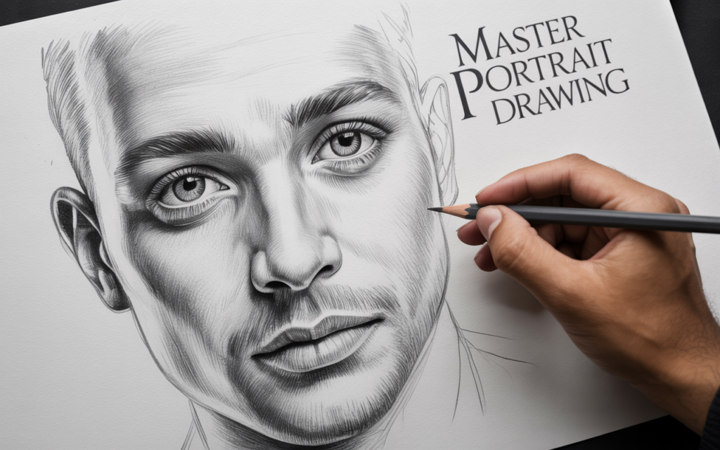 Top Udemy Course for Portrait Drawing – Tested & Reviewed 3 Realistic pencil portrait drawing of a human face on white paper, smooth shading, detailed eyes and facial features, artist hand sketching with graphite pencil, soft natural lighting, minimal clean background, professional art style, ultra detailed, 4k -- text: "Master Portrait Drawing"