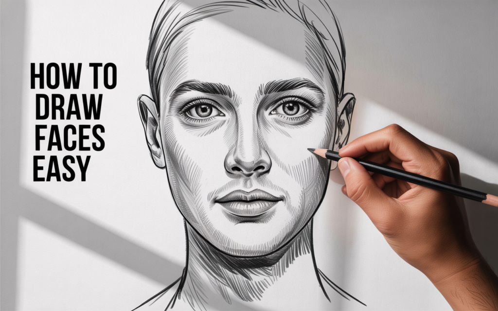 Top Udemy Course for Portrait Drawing – Tested & Reviewed 6 Realistic pencil portrait drawing of a human face, smooth shading, detailed eyes and facial features, artist hand sketching on white paper, soft natural lighting, minimal clean background, professional art style, ultra detailed, 4k -- text: "How to Draw Faces Easy"
