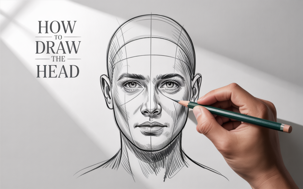 Top Udemy Course for Portrait Drawing – Tested & Reviewed 4 Realistic pencil portrait drawing of a human head with visible construction lines (Loomis method), detailed shading, artist hand sketching with graphite pencil, clean white paper, minimal background, soft natural lighting, ultra detailed, 4k -- text: "How to Draw the Head"